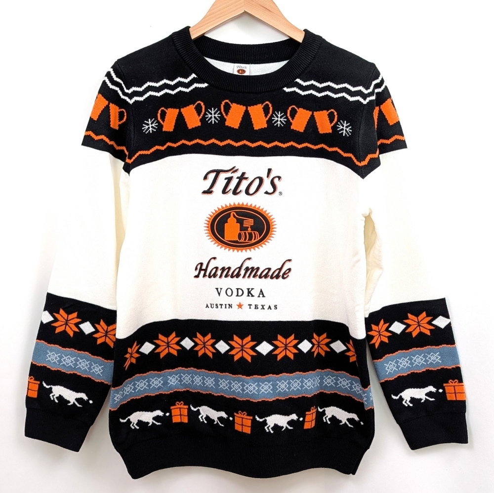 Titos Vodka Sweater Holiday Christmas Ugly Winter Snowflake White Black Orange M